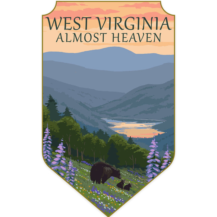 West Virginia, Almost Heaven, Bears and Spring Flowers, Contour, Vinyl Sticker Sticker Lantern Press 