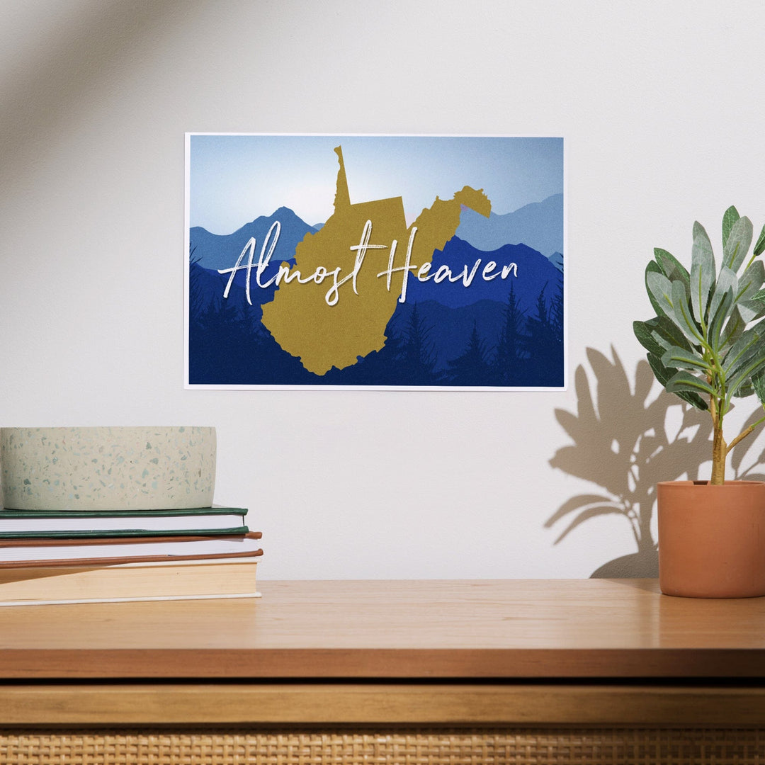West Virginia, Almost Heaven, State Silhouette and Mountains, Blue and Gold, Art & Giclee Prints Art Lantern Press 