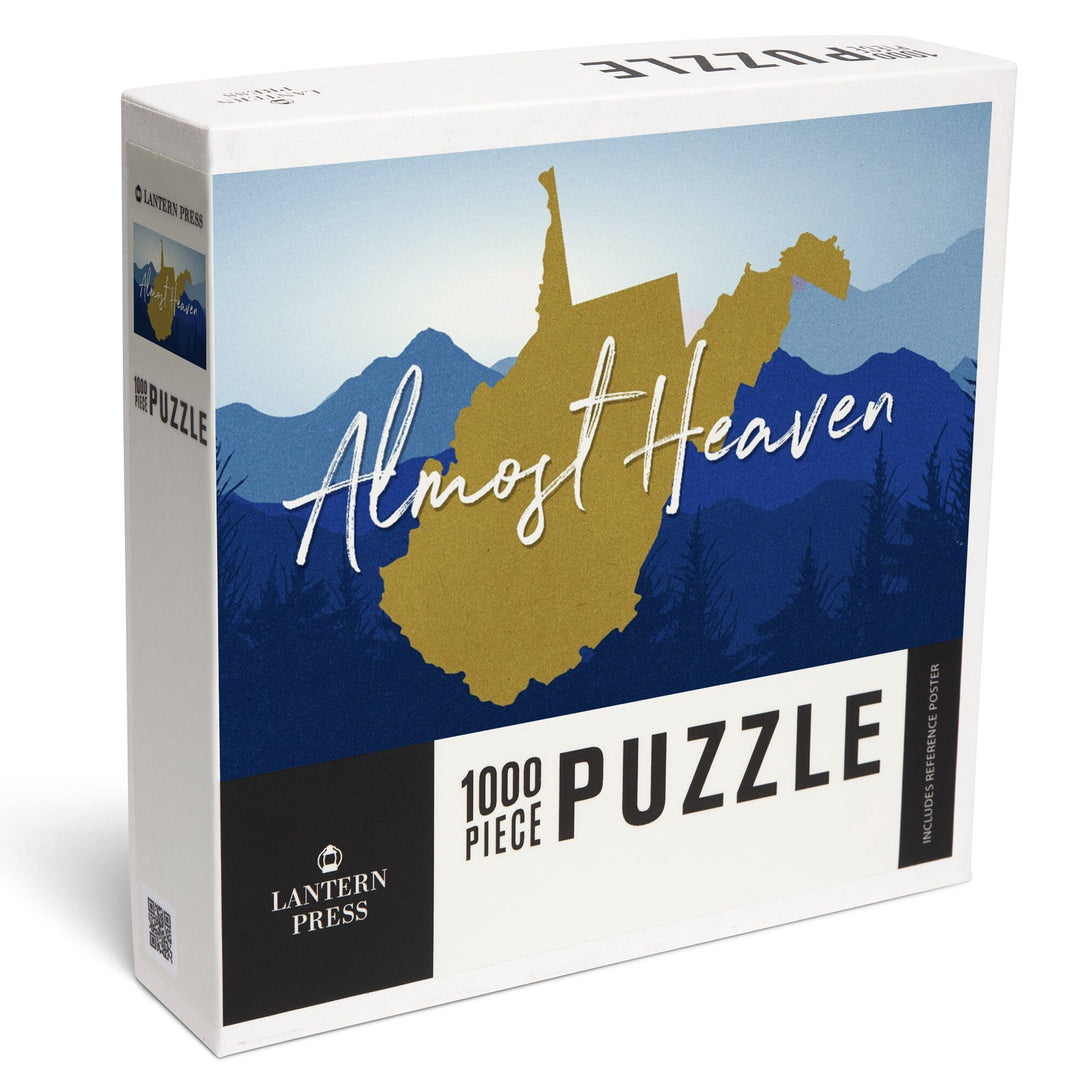 West Virginia, Almost Heaven, State Silhouette and Mountains, Blue and Gold, Jigsaw Puzzle Puzzle Lantern Press 