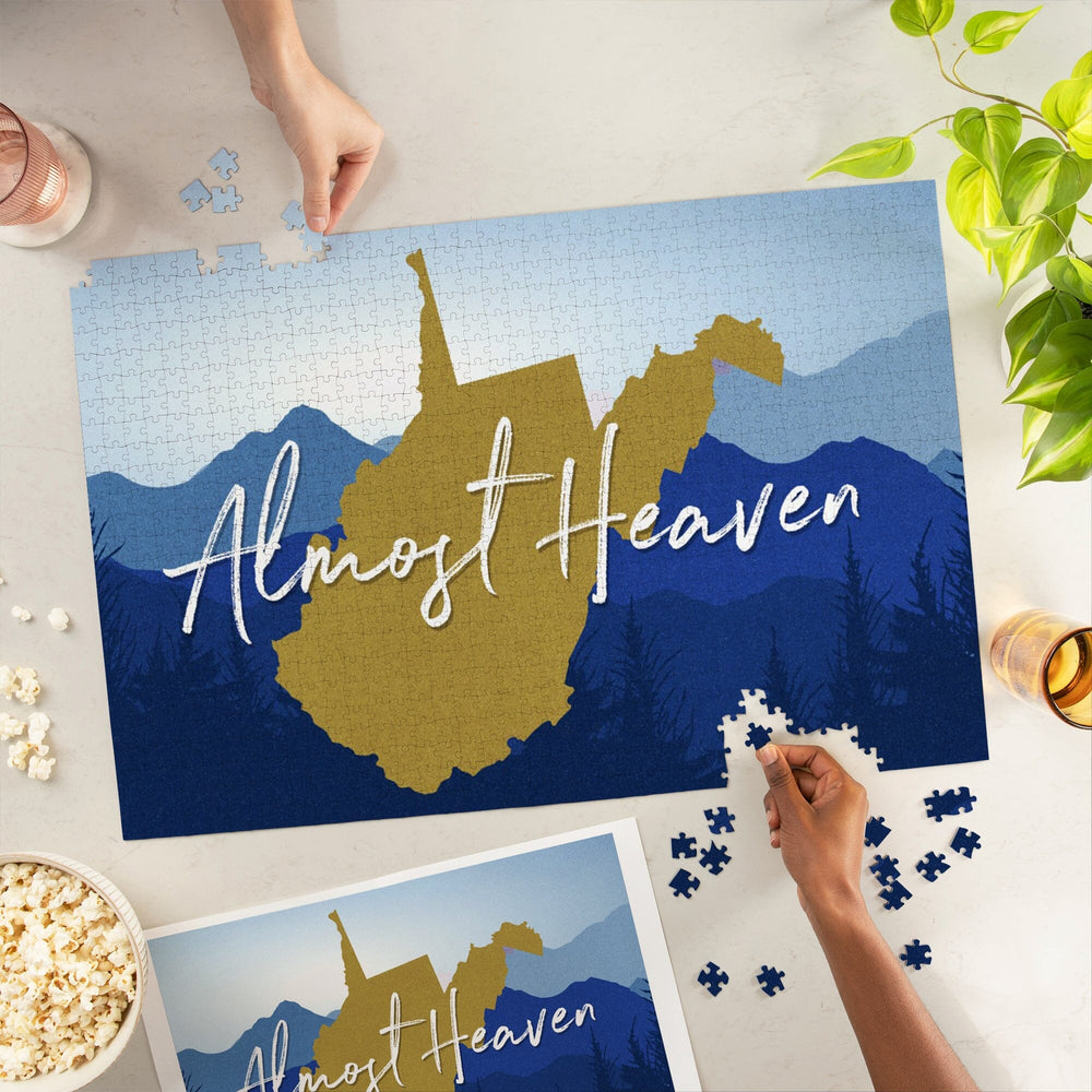 West Virginia, Almost Heaven, State Silhouette and Mountains, Blue and Gold, Jigsaw Puzzle Puzzle Lantern Press 