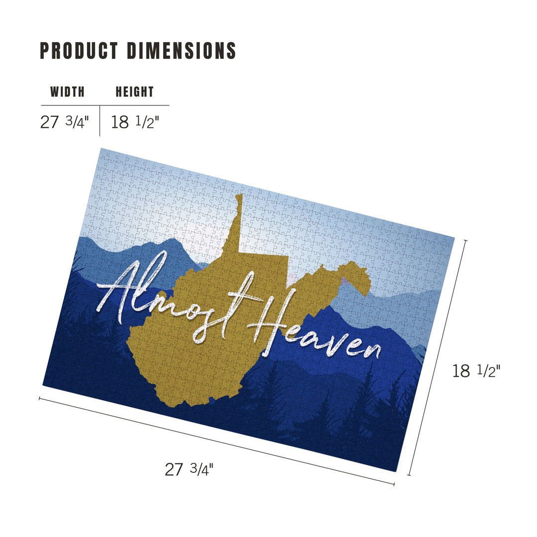West Virginia, Almost Heaven, State Silhouette and Mountains, Blue and Gold, Jigsaw Puzzle Puzzle Lantern Press 