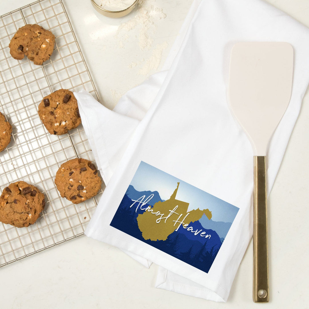 West Virginia, Almost Heaven, State Silhouette and Mountains, Blue and Gold, Organic Cotton Kitchen Tea Towels Kitchen Lantern Press 