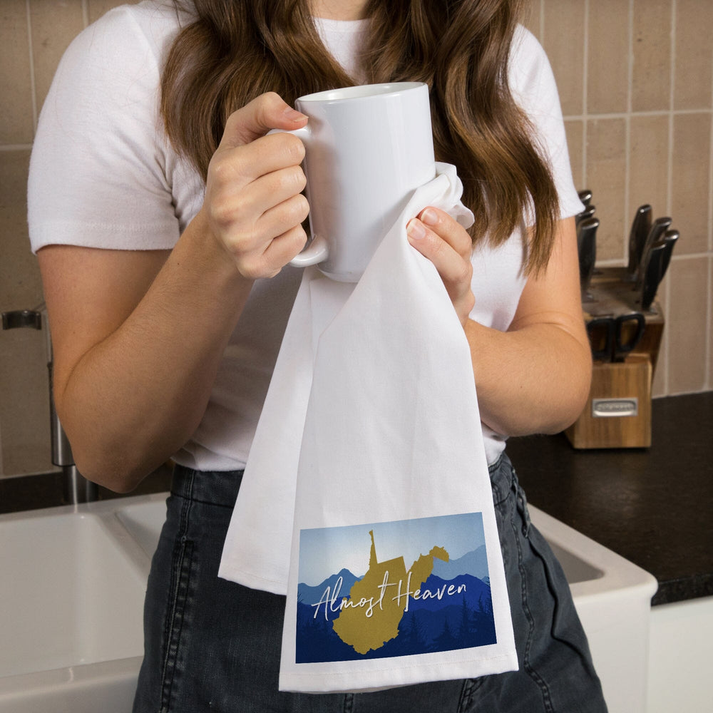 West Virginia, Almost Heaven, State Silhouette and Mountains, Blue and Gold, Organic Cotton Kitchen Tea Towels Kitchen Lantern Press 