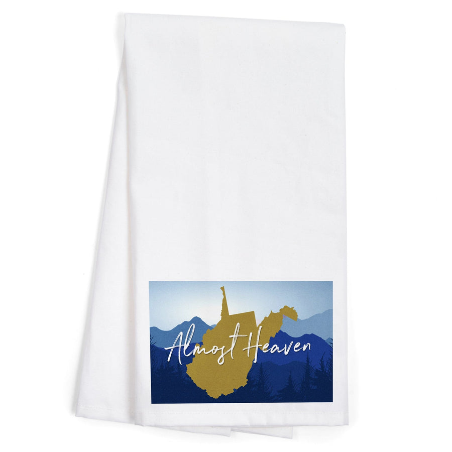 West Virginia, Almost Heaven, State Silhouette and Mountains, Blue and Gold, Organic Cotton Kitchen Tea Towels Kitchen Lantern Press 