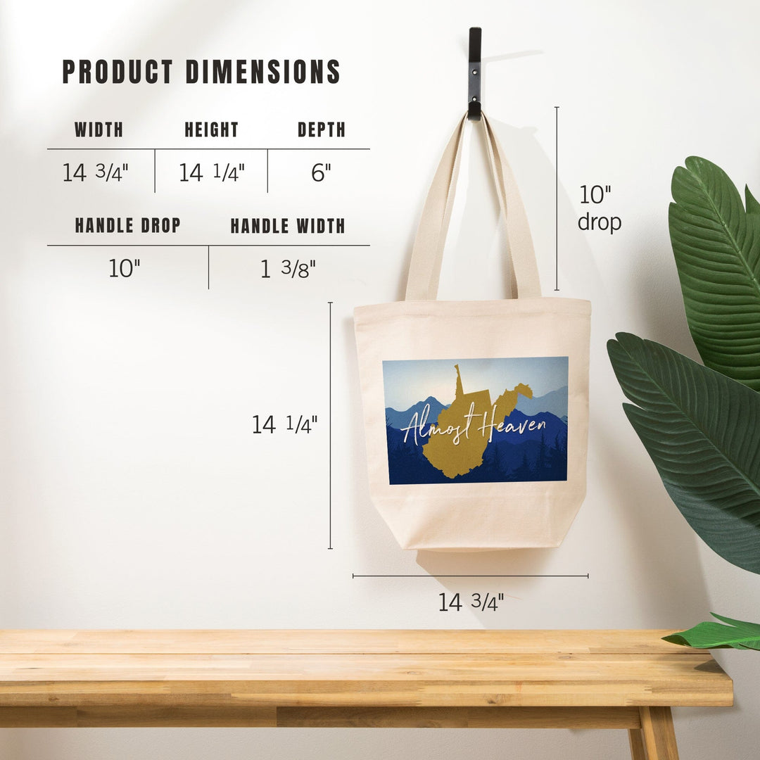 West Virginia, Almost Heaven, State Silhouette and Mountains, Blue and Gold, Tote Bag Totes Lantern Press 