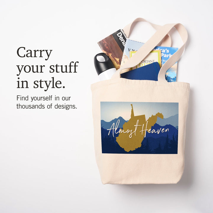 West Virginia, Almost Heaven, State Silhouette and Mountains, Blue and Gold, Tote Bag Totes Lantern Press 