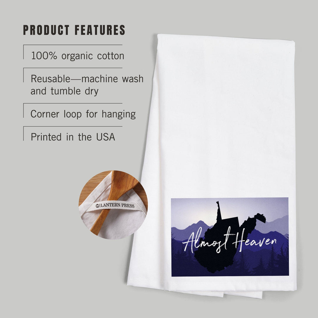 West Virginia, Almost Heaven, State Silhouette and Mountains, Organic Cotton Kitchen Tea Towels Kitchen Lantern Press 