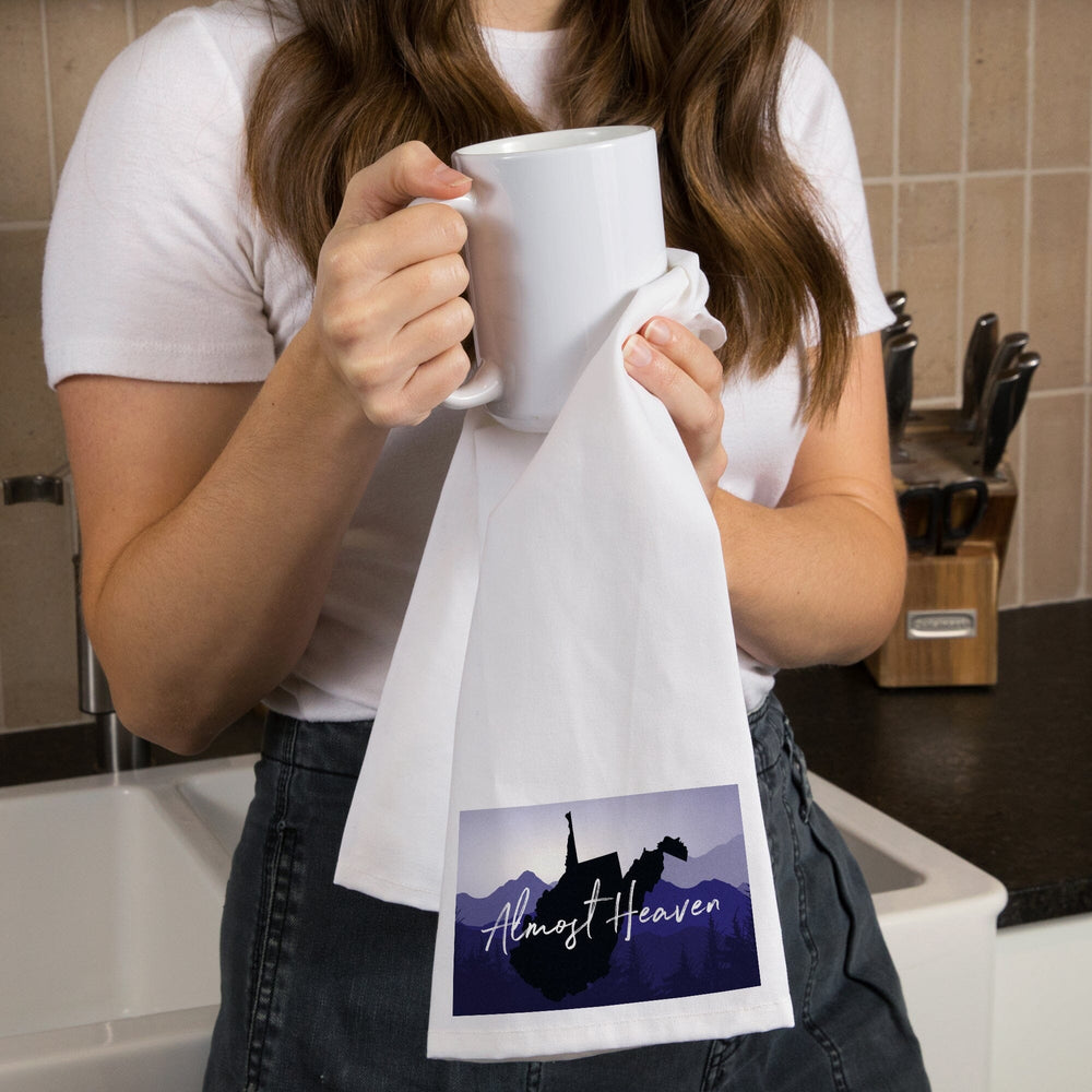 West Virginia, Almost Heaven, State Silhouette and Mountains, Organic Cotton Kitchen Tea Towels Kitchen Lantern Press 