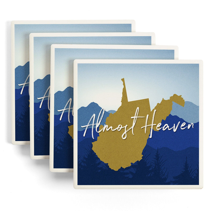 West Virginia, Almost Heaven, State Silhouette & Mountains, Blue & Gold, Lantern Press Artwork, Coaster Set Coasters Lantern Press 