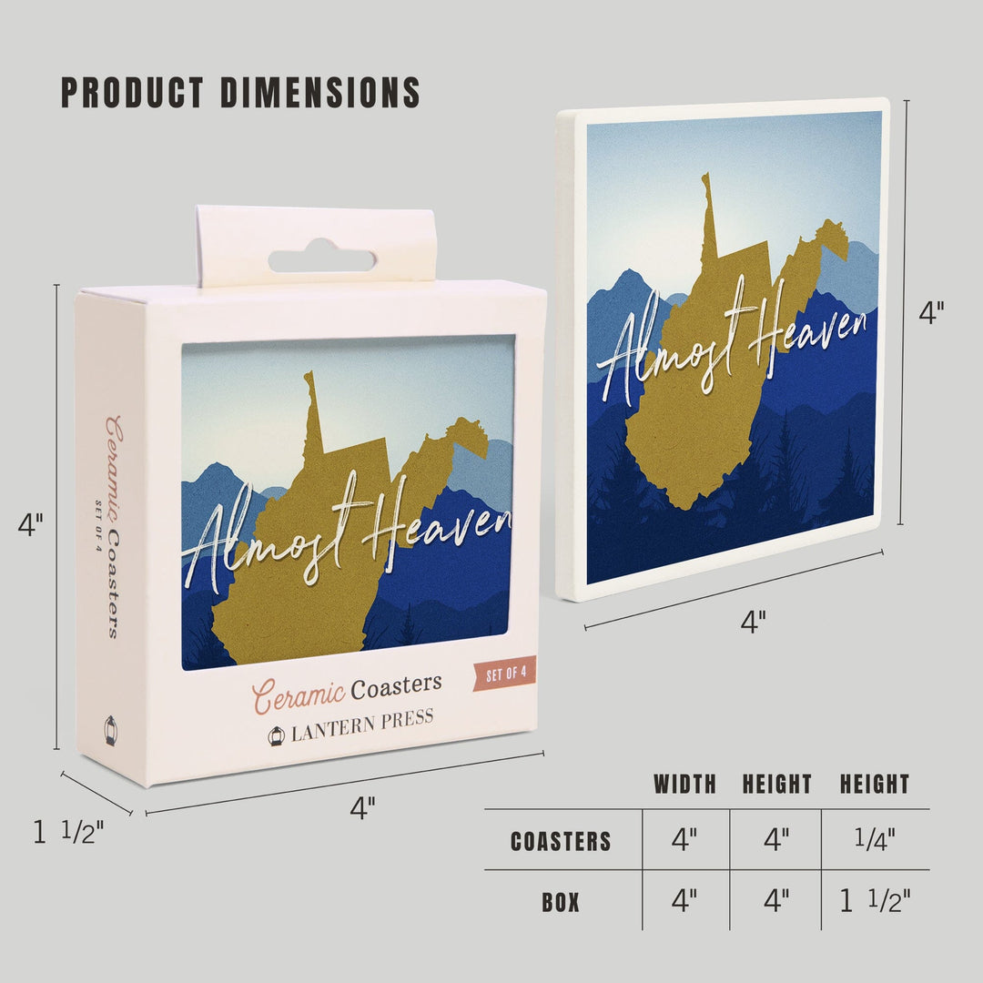 West Virginia, Almost Heaven, State Silhouette & Mountains, Blue & Gold, Lantern Press Artwork, Coaster Set Coasters Lantern Press 