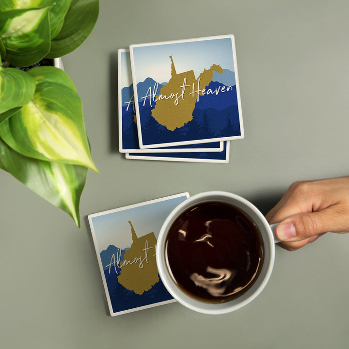 West Virginia, Almost Heaven, State Silhouette & Mountains, Blue & Gold, Lantern Press Artwork, Coaster Set Coasters Lantern Press 