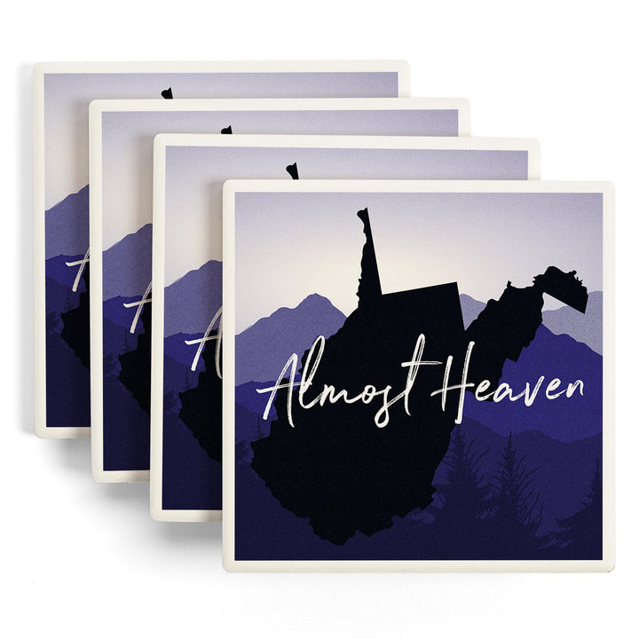 West Virginia, Almost Heaven, State Silhouette & Mountains, Lantern Press Artwork, Coaster Set Coasters Lantern Press 