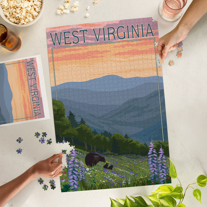 West Virginia, Bear and Spring Flowers, Jigsaw Puzzle Puzzle Lantern Press 