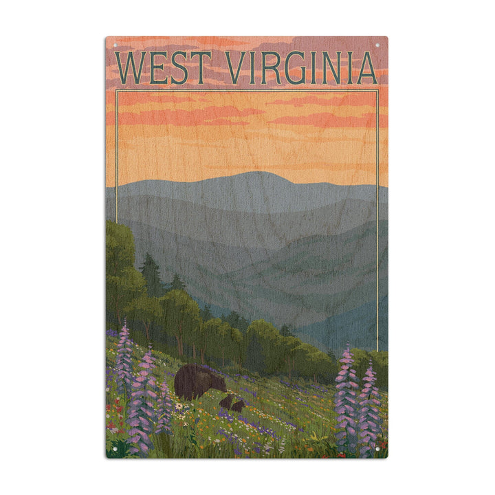 West Virginia, Bear and Spring Flowers, Lantern Press Poster, Wood Signs and Postcards Wood Lantern Press 6x9 Wood Sign 