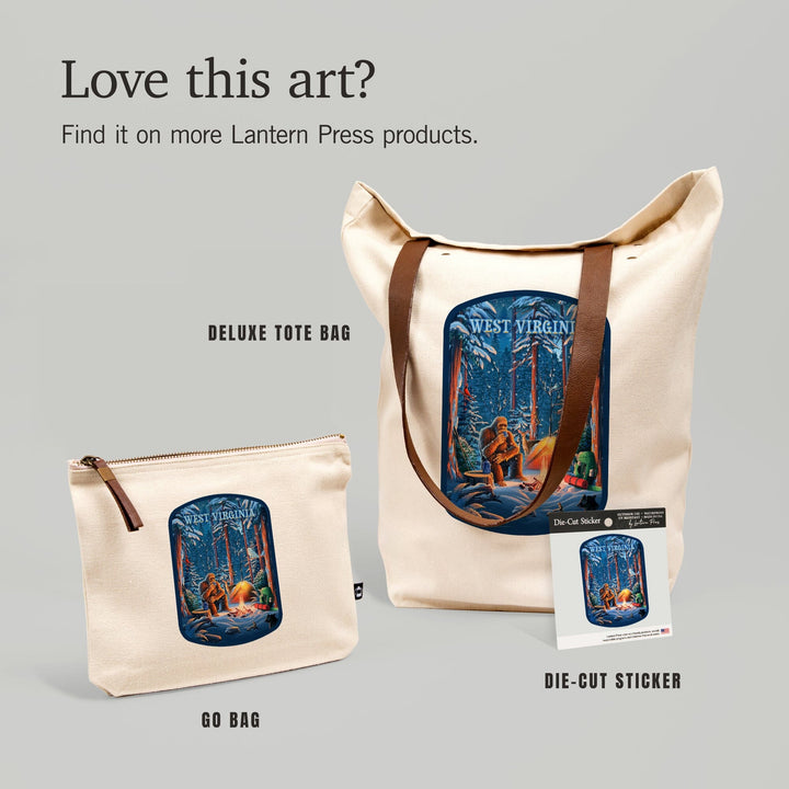 West Virginia, Find Your Inner Squatch, Camping Bigfoot, Organic Cotton Zipper Pouch, Go Bag Totes Lantern Press 