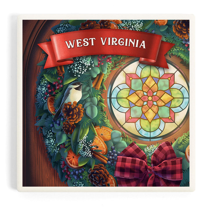 West Virginia, Front Door with Christmas Wreath, Coasters Coasters Lantern Press Coaster 