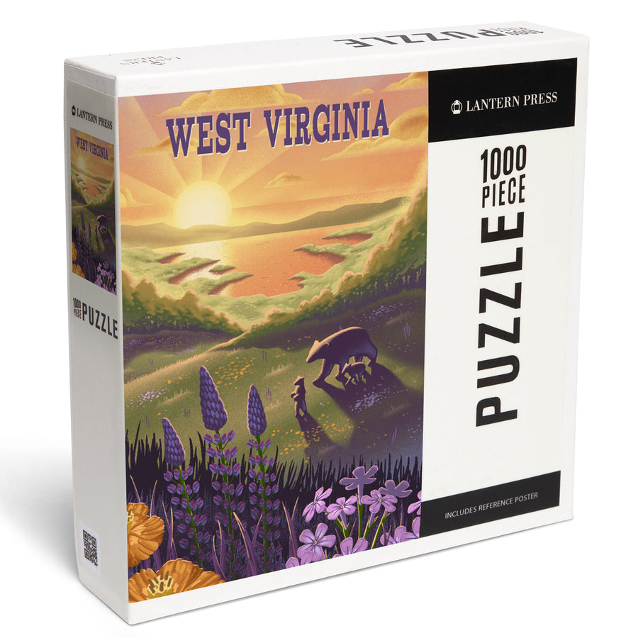 West Virginia, Lithograph, Bear and Spring Flowers, Lake, Jigsaw Puzzle Puzzle Lantern Press 
