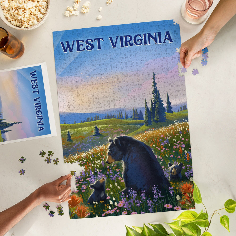 West Virginia, Lithograph, Bear Family in Field, Jigsaw Puzzle Puzzle Lantern Press 