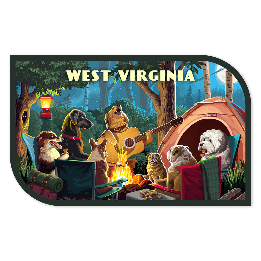 West Virginia, Painterly, Pack Life, Dogs Around Campfire, Vinyl Sticker Sticker Lantern Press 