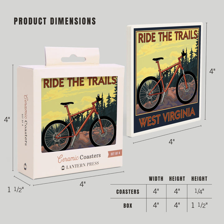 West Virginia, Ride the Trails, Lantern Press Artwork, Coaster Set Coasters Lantern Press 