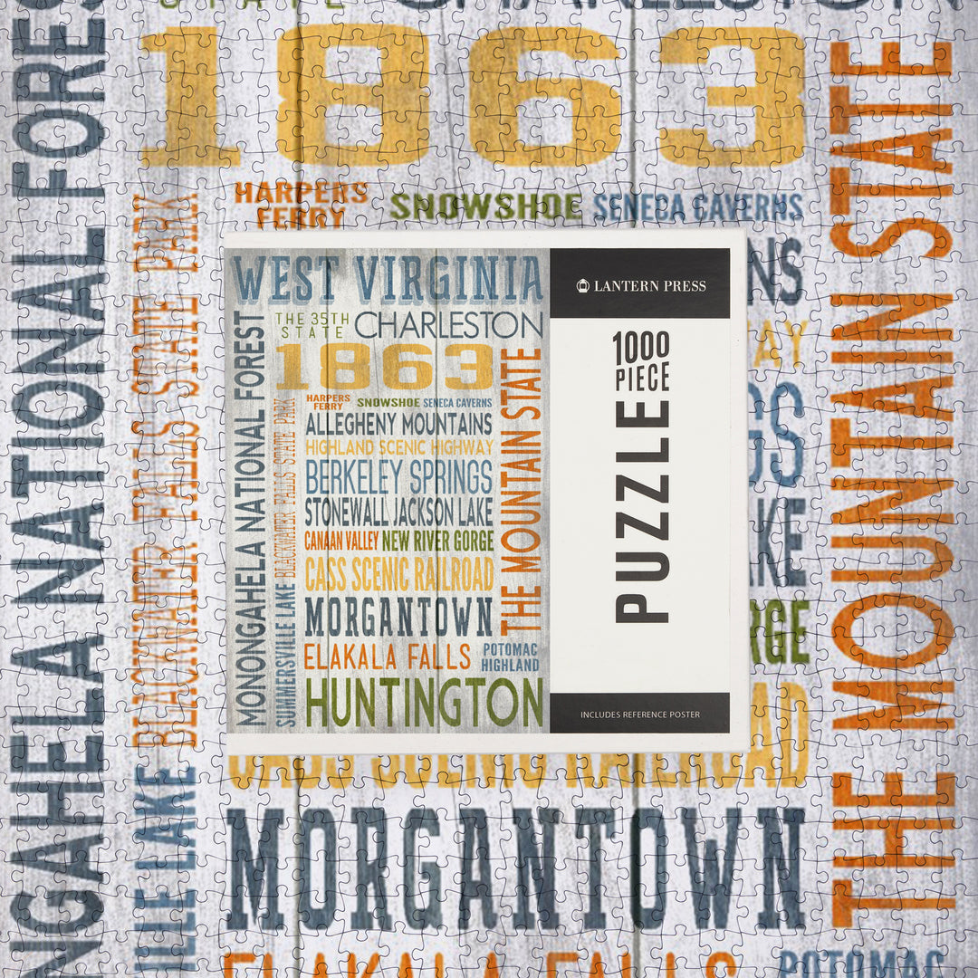 West Virginia, Rustic Typography, Jigsaw Puzzle Puzzle Lantern Press 