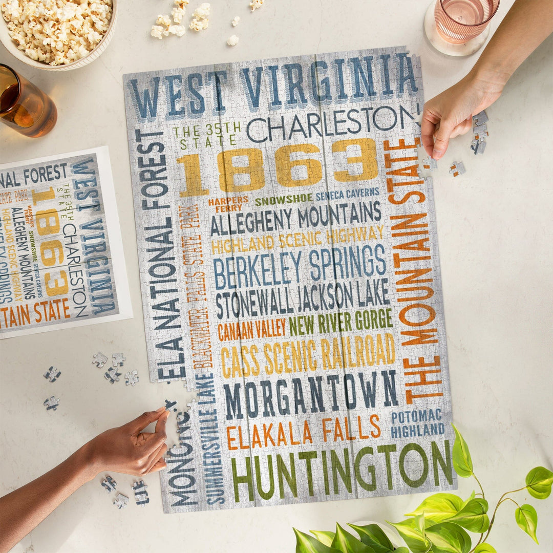 West Virginia, Rustic Typography, Jigsaw Puzzle Puzzle Lantern Press 