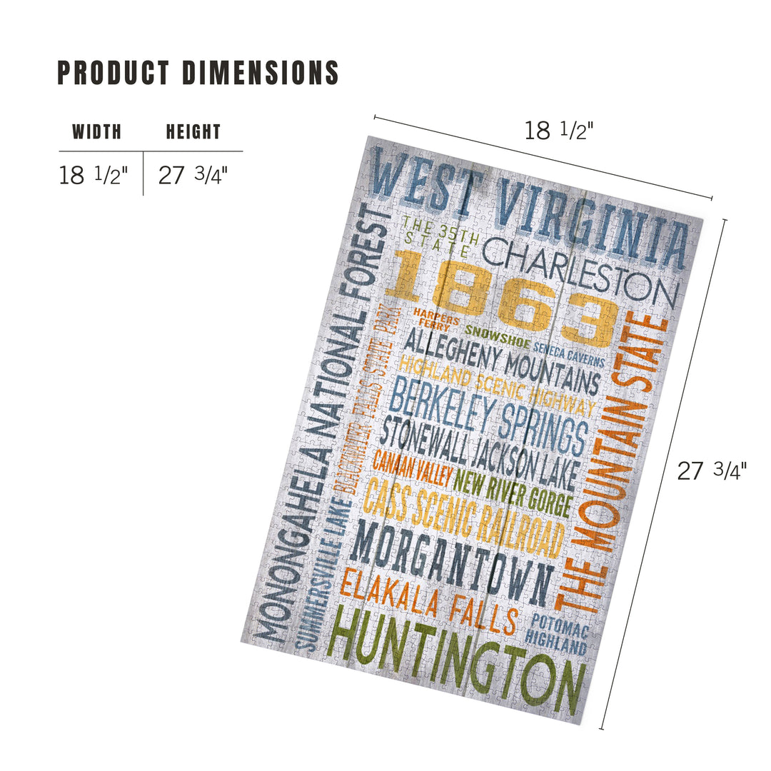West Virginia, Rustic Typography, Jigsaw Puzzle Puzzle Lantern Press 