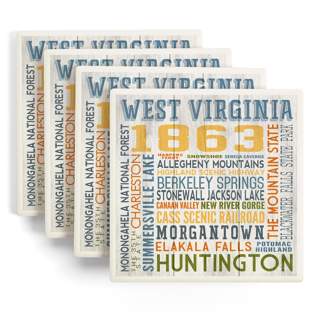 West Virginia, Rustic Typography, Lantern Press Artwork, Coaster Set Coasters Lantern Press 