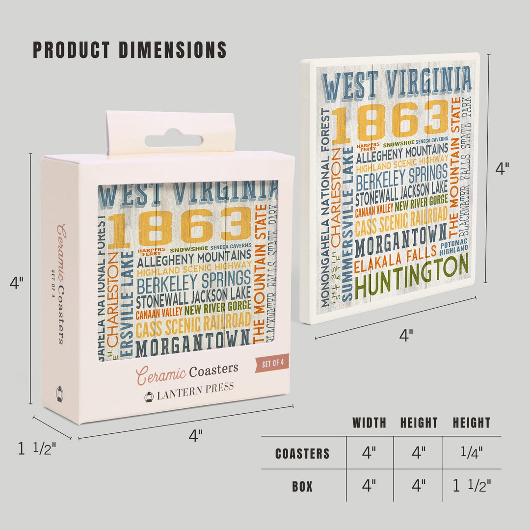 West Virginia, Rustic Typography, Lantern Press Artwork, Coaster Set Coasters Lantern Press 