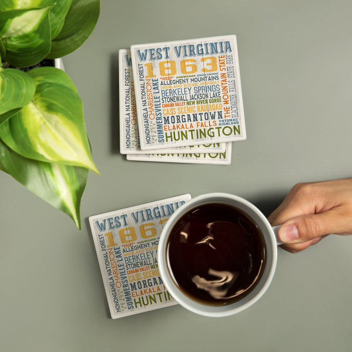 West Virginia, Rustic Typography, Lantern Press Artwork, Coaster Set Coasters Lantern Press 