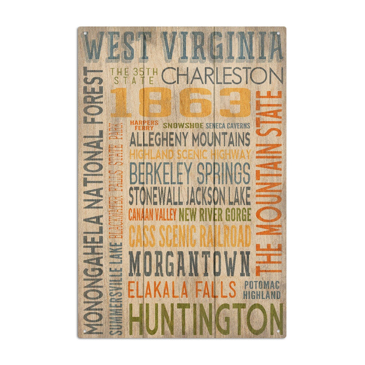 West Virginia, Rustic Typography, Lantern Press Artwork, Wood Signs and Postcards Wood Lantern Press 10 x 15 Wood Sign 