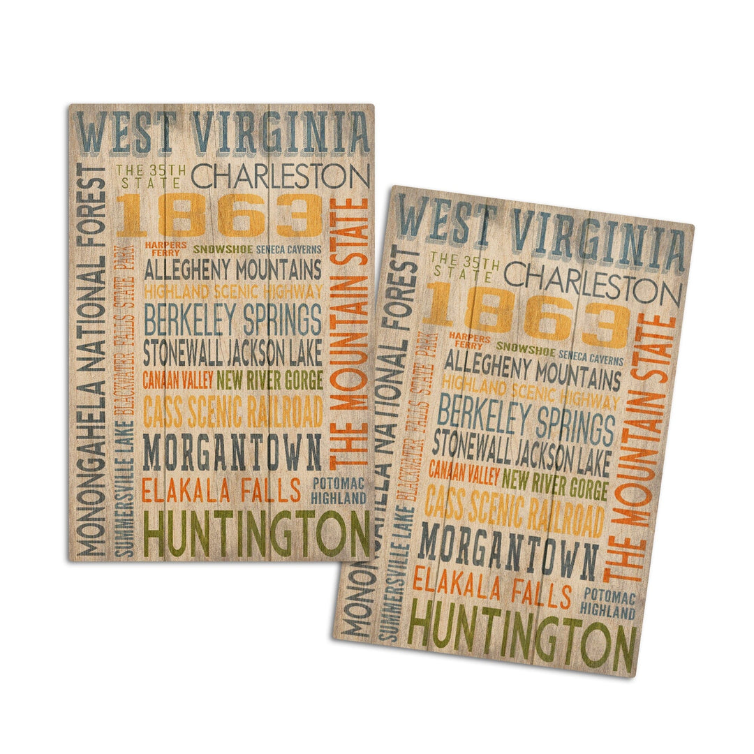 West Virginia, Rustic Typography, Lantern Press Artwork, Wood Signs and Postcards Wood Lantern Press 4x6 Wood Postcard Set 