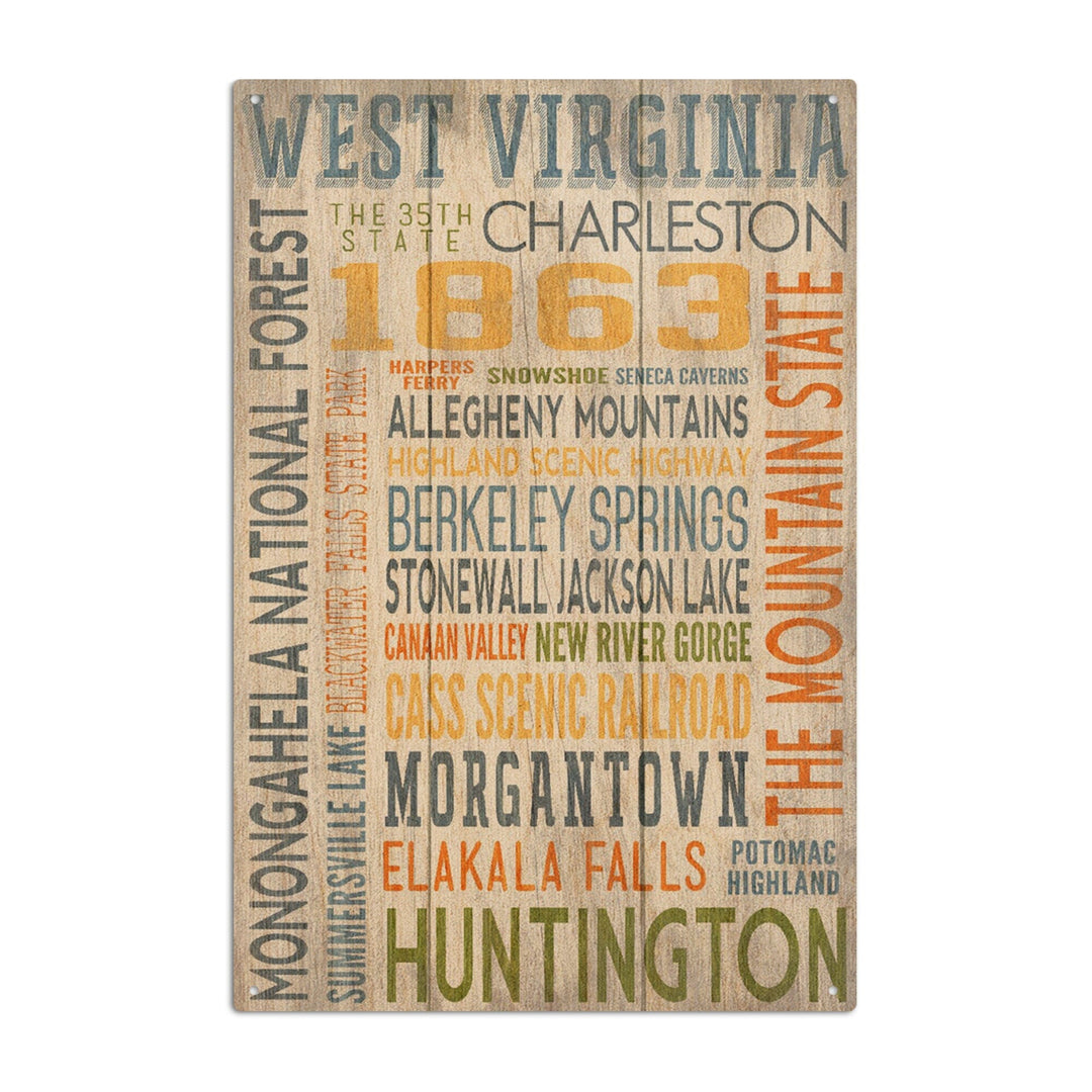 West Virginia, Rustic Typography, Lantern Press Artwork, Wood Signs and Postcards Wood Lantern Press 6x9 Wood Sign 