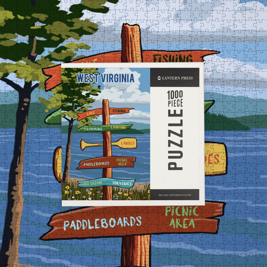 West Virginia, Signpost, Lake and Flowers, Jigsaw Puzzle Puzzle Lantern Press 