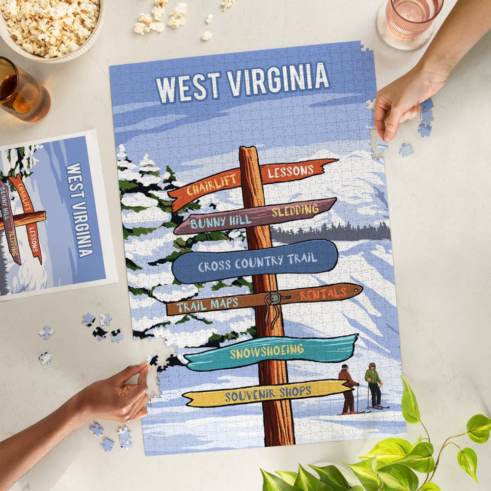 West Virginia, Signpost, Ski and Snow, Jigsaw Puzzle Puzzle Lantern Press 