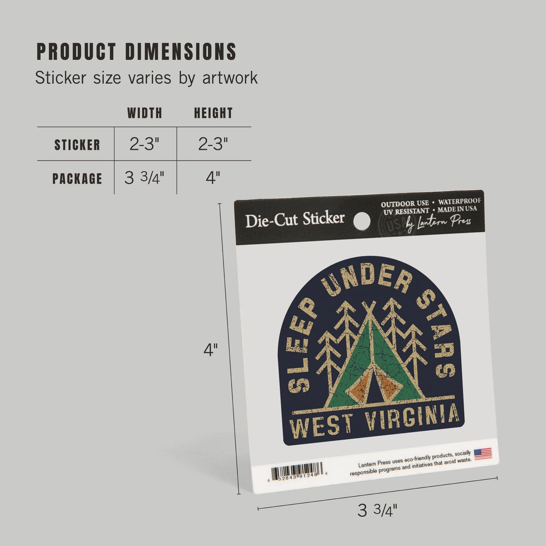 West Virginia, Sleep Under the Stars, Camping, Contour, Vinyl Sticker Sticker Lantern Press 