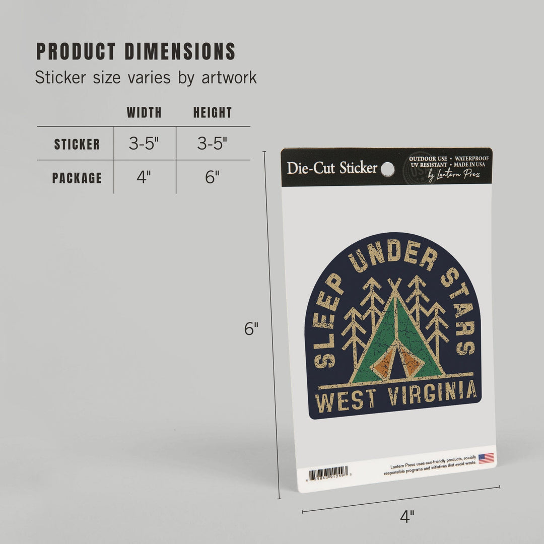 West Virginia, Sleep Under the Stars, Camping, Contour, Vinyl Sticker Sticker Lantern Press 