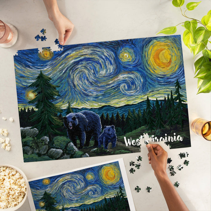 West Virginia, Starry Night, Bear and Cub, Jigsaw Puzzle Puzzle Lantern Press 