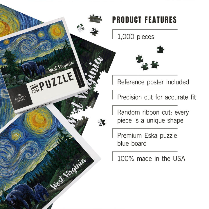 West Virginia, Starry Night, Bear and Cub, Jigsaw Puzzle Puzzle Lantern Press 