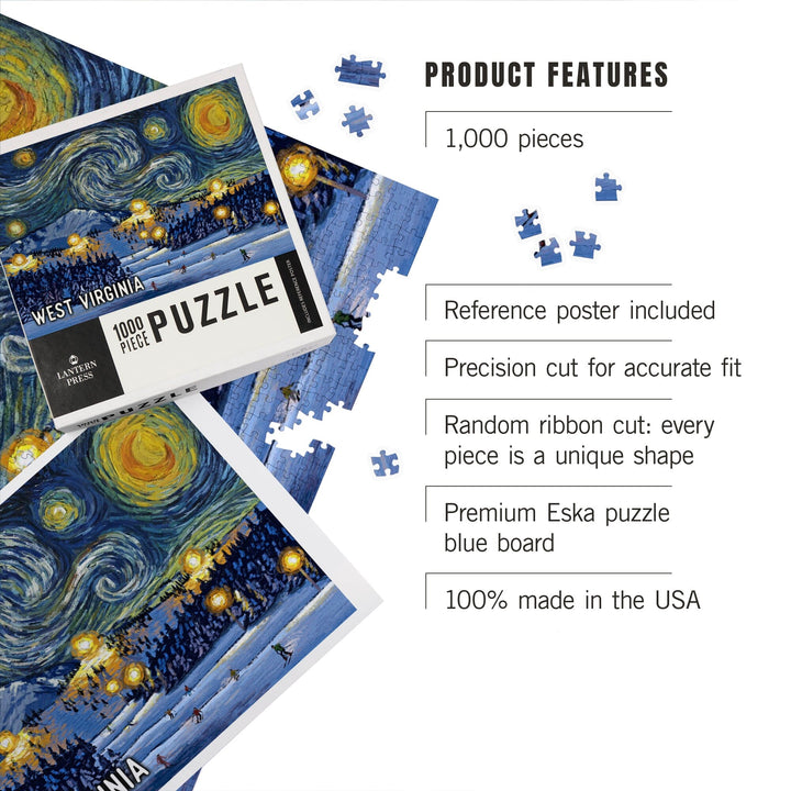 West Virginia, Starry Night, Ski, Jigsaw Puzzle Puzzle Lantern Press 