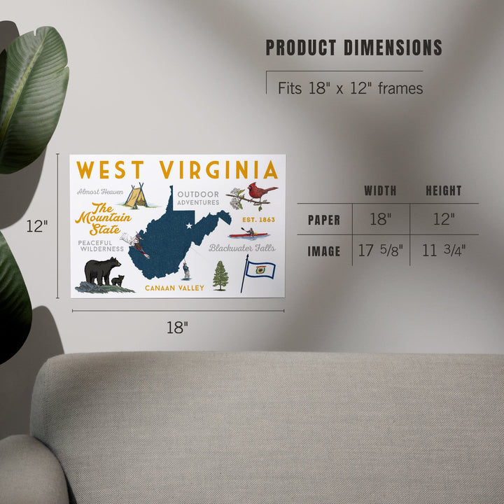 West Virginia, The Mountain State, Typography and Icons, Art & Giclee Prints Art Lantern Press 