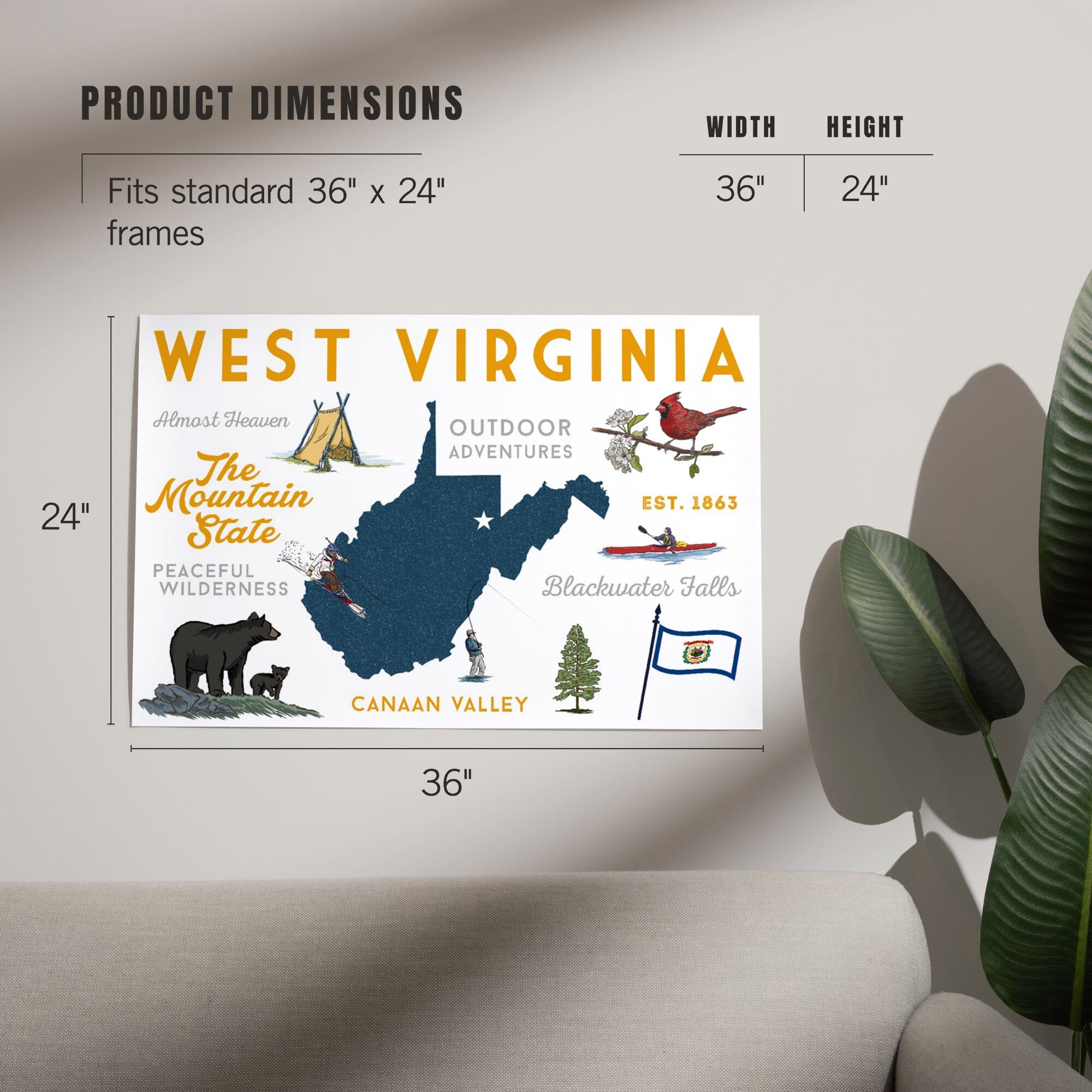 West Virginia The Mountain State Typography and Icons Art Giclee Prints