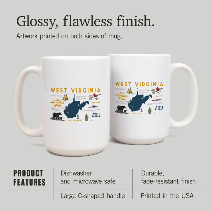 West Virginia, The Mountain State, Typography and Icons, Ceramic Mug Mugs Lantern Press 