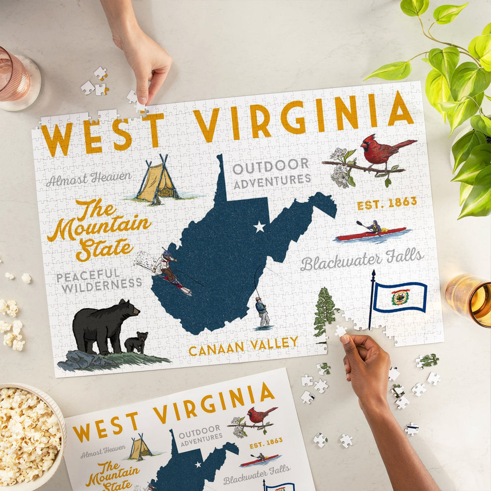 West Virginia, The Mountain State, Typography and Icons, Jigsaw Puzzle Puzzle Lantern Press 