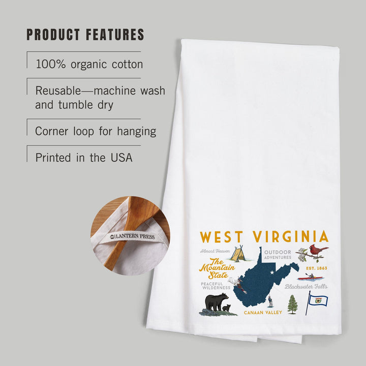 West Virginia, The Mountain State, Typography and Icons, Organic Cotton Kitchen Tea Towels Kitchen Lantern Press 