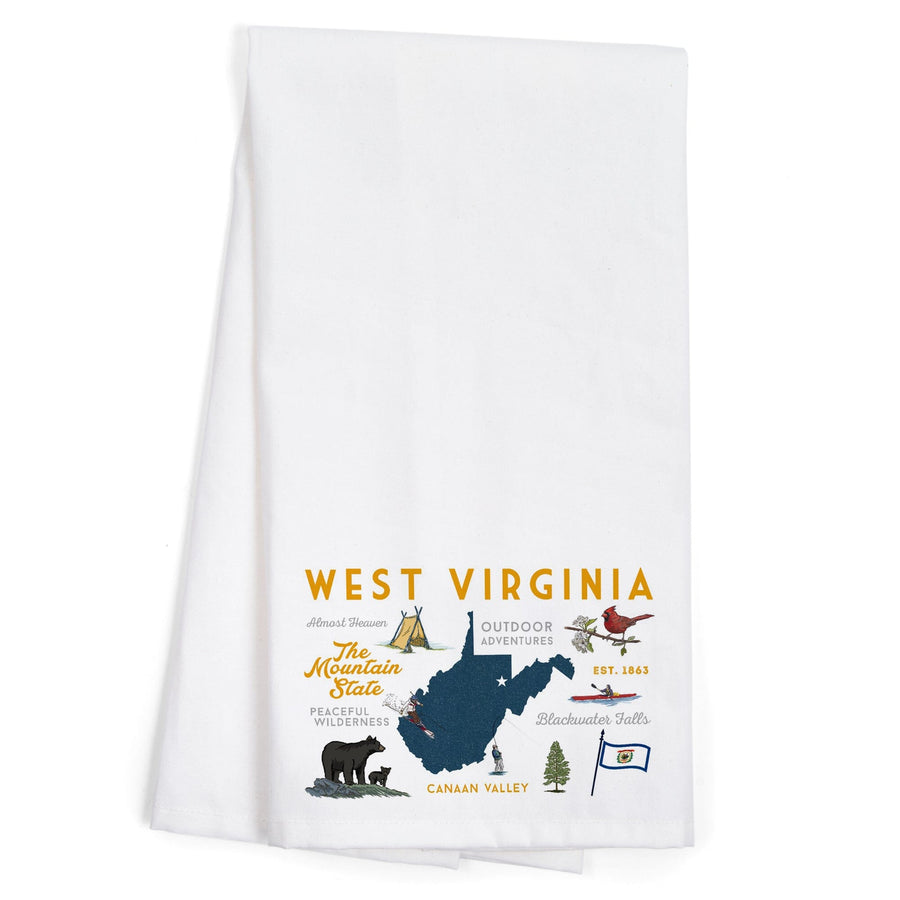 West Virginia, The Mountain State, Typography and Icons, Organic Cotton Kitchen Tea Towels Kitchen Lantern Press 