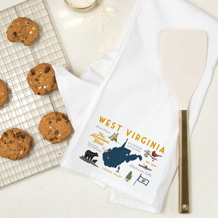 West Virginia, The Mountain State, Typography and Icons, Organic Cotton Kitchen Tea Towels Kitchen Lantern Press 
