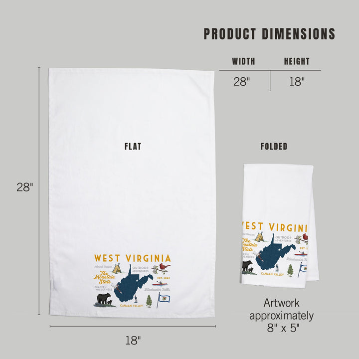 West Virginia, The Mountain State, Typography and Icons, Organic Cotton Kitchen Tea Towels Kitchen Lantern Press 