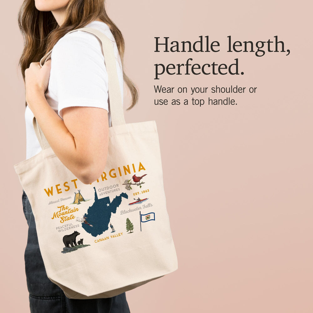 West Virginia, The Mountain State, Typography and Icons, Tote Bag Totes Lantern Press 