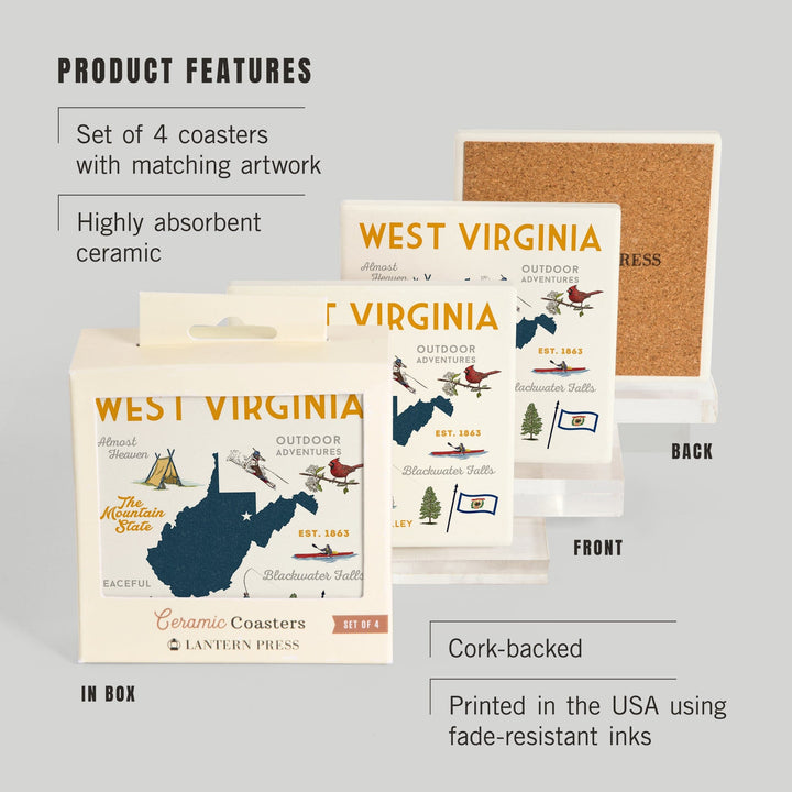 West Virginia, The Mountain State, Typography & Icons, Lantern Press Artwork, Coaster Set Coasters Lantern Press 